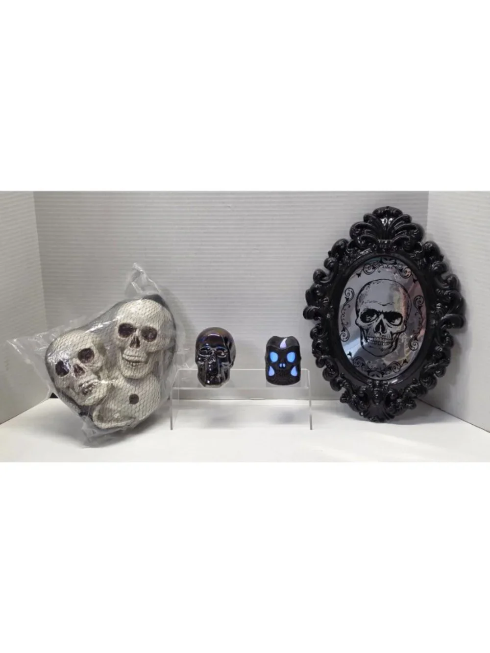 Halloween Skull Décor Lot Light Up Candle Iridescent Ceramic Gothic Mirror